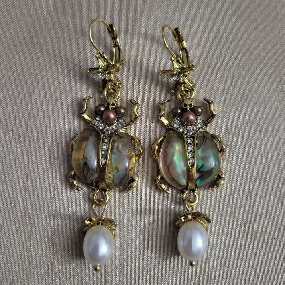 Iridescent abalone egyptian scarab beetle glam earrings with synthetic pearls